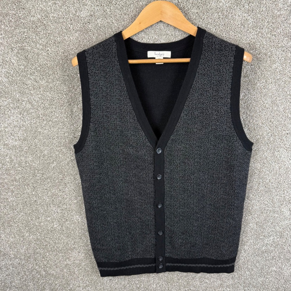 Turnbury Mens Size 42 100% Wool Cardigan Sweater Vest Charcoal Grey Black V-Neck - Picture 2 of 6